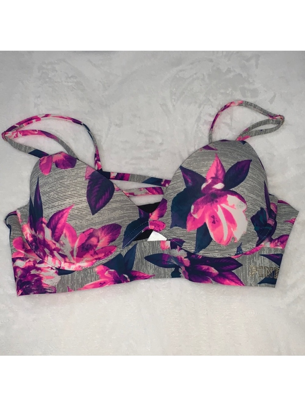 PINK Victoria's Secret Floral Strappy Bra with Pink & Purple Accents